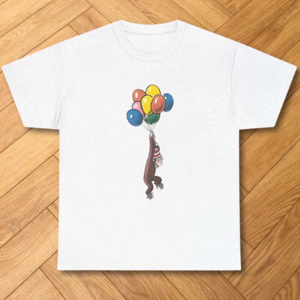 White-Curious George Monkey Balloon Adventure Cute Graphic Tee